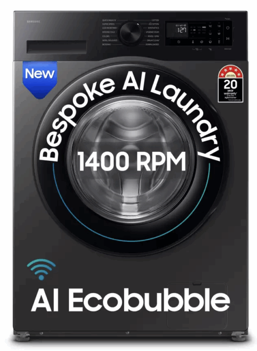 SAMSUNG 12 kg 5 Star, AI Ecobubble, Super Speed, Wi-Fi, Hygiene Steam, Digital Inverter Motor Fully Automatic Front Load Washing Machine with In-built Heater Black, Grey  (WW12DG5B24AXTL)